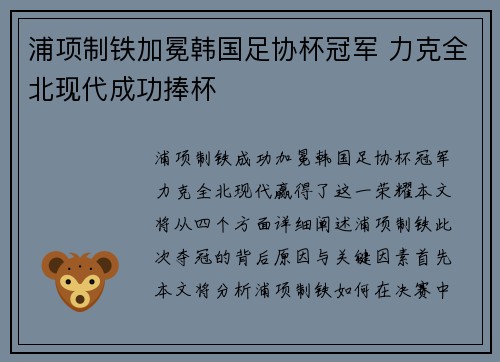 浦项制铁加冕韩国足协杯冠军 力克全北现代成功捧杯