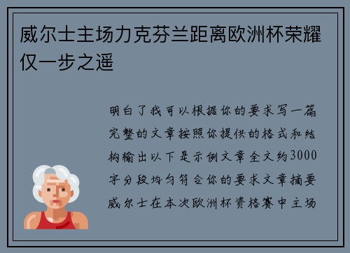 威尔士主场力克芬兰距离欧洲杯荣耀仅一步之遥